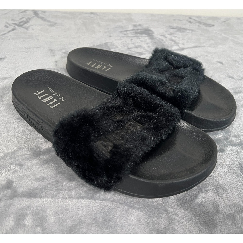 Fenty Puma by Rihanna Slides Womens US 6 Black Faux Fur Sandals Leadcat Slip Ons